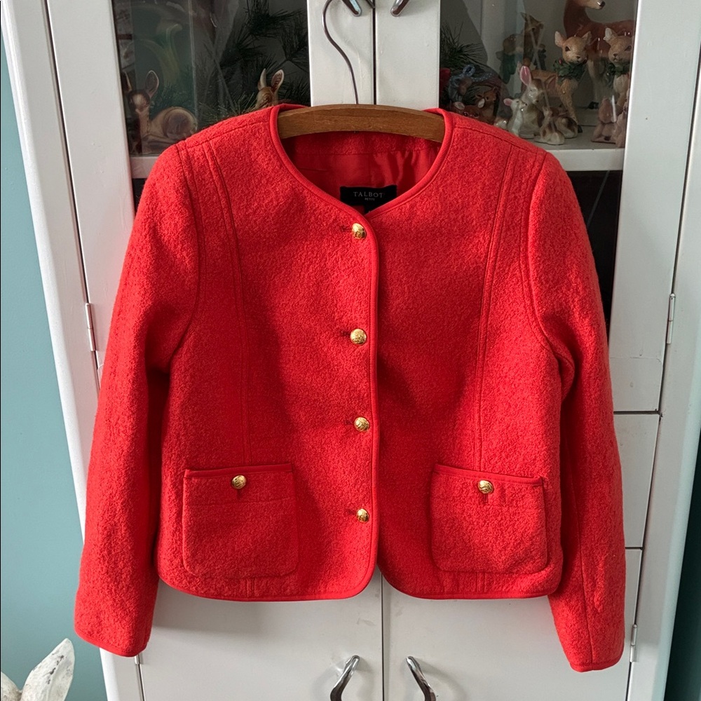 Talbots sz 6P Orangish Red Wool Blend Jacket with Gold Buttons euc